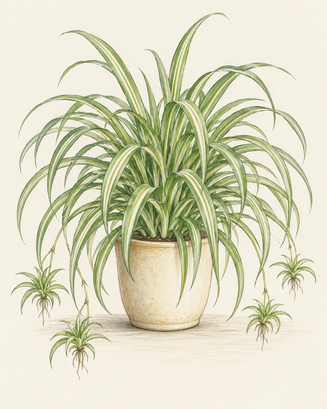 Botanical sketch of a flourishing spider plant with arching leaves and young plantlets in a small ceramic pot.